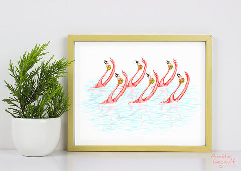 Flamants roses, nage synchronisée, affiche, amelie legault, illustration de flamants roses, décoration de flamant rose