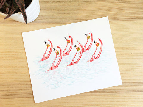 Pink flamingos, synchronized swimming, art Print, Painting, flamingo art, flamingo love, flamingo decor, flamingo illustration, amelie legault