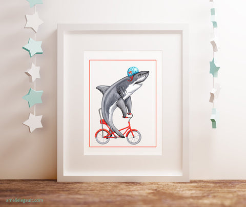 shark week, shark illustration, Shark on a bike, art Print, Drawing, Home decor, amelie legault 