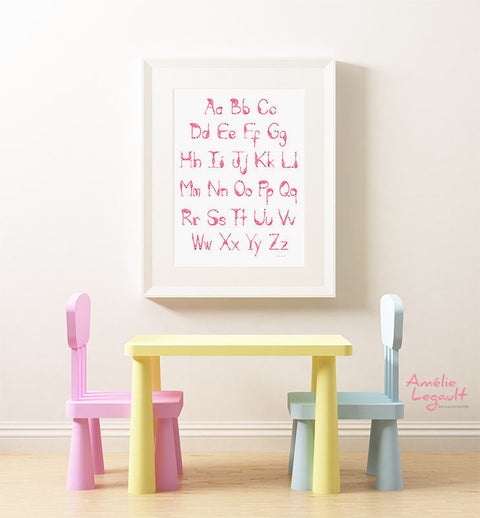 Alphabet, flamants roses, Affiche ABC, amelie legault 