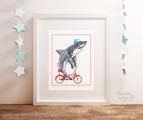 Requin à vélo, requin à bicyclette, affiche de requin, dessin de requin, amélie legault, affiche de vélo, illustration de vélo, illustration de requin