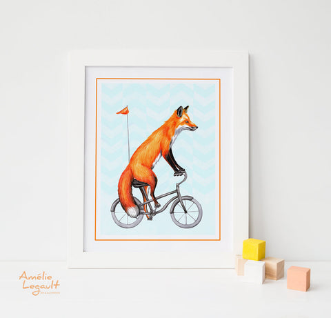 Renard à bicyclette, Affiche de renard, Dessin de renard, décoration de renard, amélie legault, renard roux, animal canadien, artiste canadienne, affiche de vélo, dessin de bicyclette