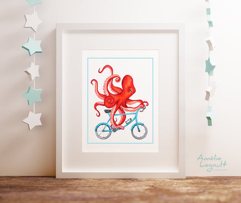 Octopus on a bike, art Print, octopus Drawing, octopus illustration, octopus art work, bicycle drawing, bicycle print, sea animals, amelie legault