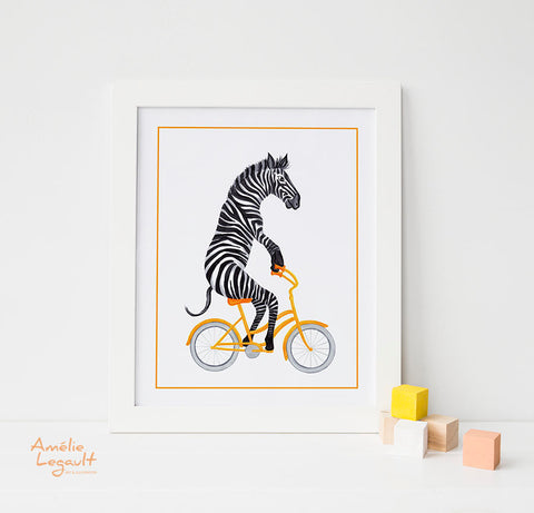 Zebra on a bike, art Print, zebra Drawing, amelie legault, zebra art work, zebra illustration, zebra drawing, bicycle art, bicycle art work, bicycle illustration 