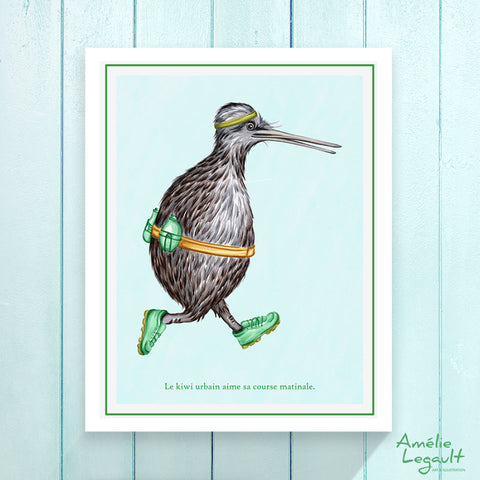 Affiche de kiwi qui fait du jogging, joggeur, illustration de kiwi, oiseau kiwi, illustration de jogging, amelie legault, nouvelle-zélande