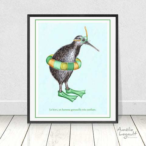 Snorkeling, diving, kiwi bird, art print, home decor,kiwi drawing, new-zealand, amelie legault