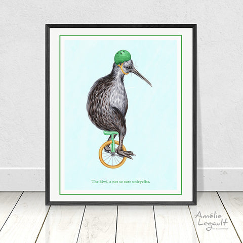 Unicycling, unicycle print, kiwi bird, art print, home decor, kiwi drawing, kiwi print, amelie legault new zealand