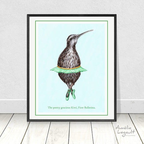 Kiwi bird, ballerina, baller, art print, home decor, Kiwi bird, kiwi illustration, kiwi art, art print, amelie legault, kiwi love, new zealand