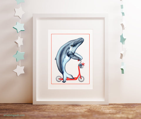 Baleine en trottinette, dessin, affiche