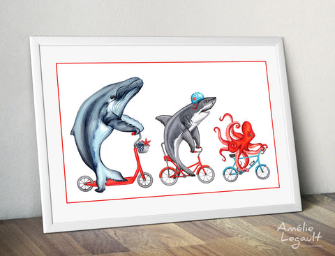 3 sea animals on bicycles, art print, sea animals drawing, home decor, washroom decor, amélie legault, kid's room decor