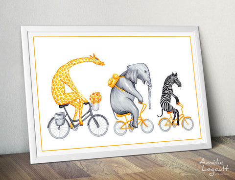 Giraffe, Elephant, zebra, art print, home decor, savannah animals, amelie legault, bicycle art print, bike drawing