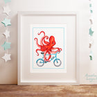 Pieuvre à bicyclette, affiche, décoration de salle de bain, amelie legault, illustration de pieuvre, dessin de pieuvre, affiche de pieuvre, affiche de vélo, dessin de bicyclette 