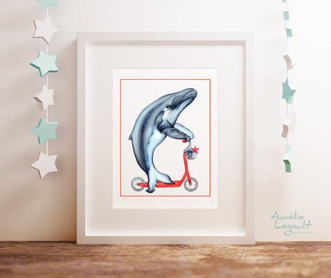 Whale on a scooter, art Print, Home decor, whale decoration, sea theme, amelie legault, whale illustration, whale drawing, whale art work