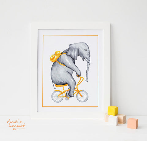 Elephant on a bike, art print, elephant drawing, elephant illustration, elephant art work, amelie legault, bicycle illustration, bicycle art print