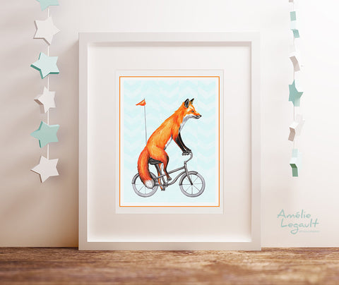 Fox on a bike, art print, fox drawing, fox illustration, amelie legault, fox print, fox artwork, bicycle artwork, bicycle illustration