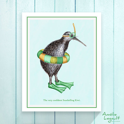 Kiwi, oiseau, illustration de kiwi, plongée, affiche, décoration, dessin de kiwi, amélie legault, nouvelle-zélande