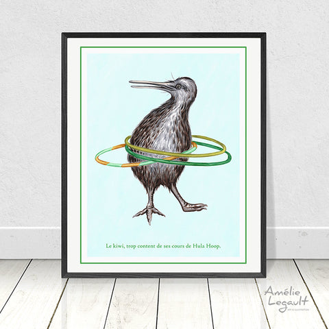 Kiwi, hula hoop, Print, Home decor, Kiwi bird, kiwi illustration, kiwi art, art print, amelie legault, kiwi love, new zealand