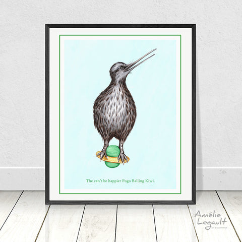 Kiwi bird, kiwi illustration, kiwi art, pogo ball, art print, home decor, amelie legault, new zealand