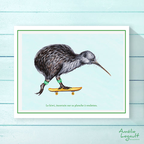 Skateboarding, skateboard, kiwi bird, art Print, Home decor, amelie legault, kiwi illustration, kiwi art, new zealand, skateboard art, skateboard illustration