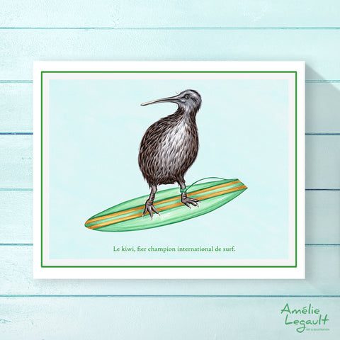 Kiwi Bird, art Print, Home decor, drawing, amelie legault, Surfing, surf illustration, kiwi art, kiwi illustration, kiwi drawing, kiwi print, new-zealand