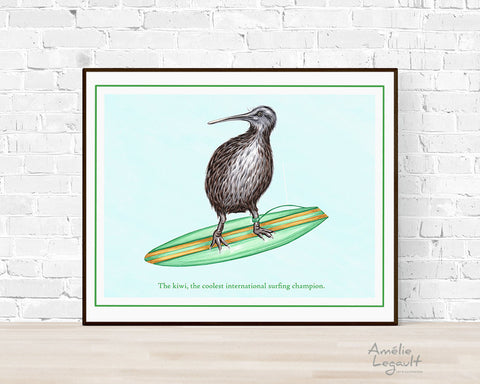 Kiwi, oiseau kiwi, surfer, affiche de surf, illustration de surf, illustration de kiwi, dessin de kiwi, décoration, amelie legault, nouvelle-zélande