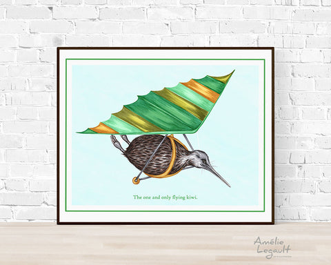 Affiche, kiwi, deltaplane, illustration de kiwi, amelie legault, nouvelle-zélande, kiwi volant