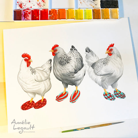 Hens, Chickens wearing slippers, art Print, gouache Painting, Home Decor, amelie legault, canadian artist, canadian art, made in canada
