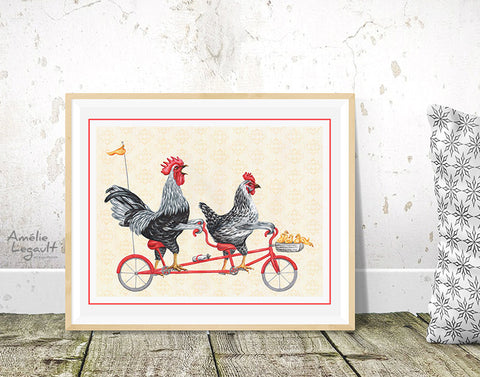 Poulets à bicyclette, en vélo tandem, Affiche de coq, affiche de poule, illustration de poule, amélie legault, affiche de vélo tandem, dessin de vélo tandem