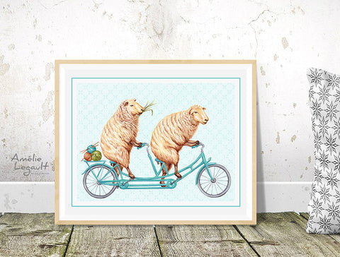 Affiche de moutons en vélo tandem, dessin de moutons, amélie legault, affiche de vélo tandem, illustration de mouton, décoration