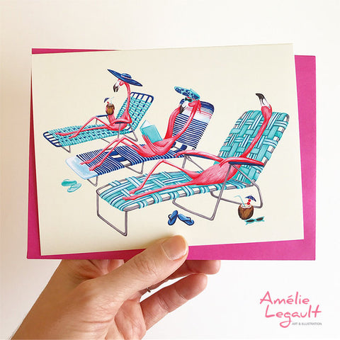 Flamants roses, à la plage, carte de souhaits, carte d'anniversaire, amelie legault 