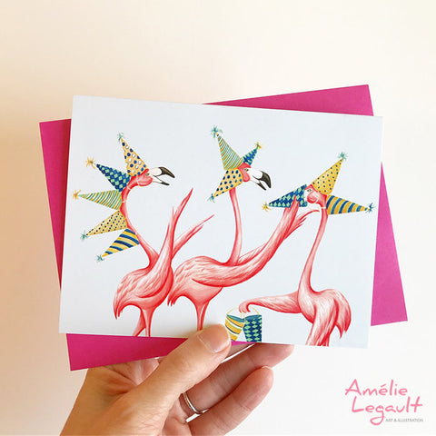 Carte d'anniversaire, carte de fête, flamants roses, amelie legault 