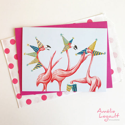 Carte de voeux, carte de souhaits, flamants roses, amelie legault 