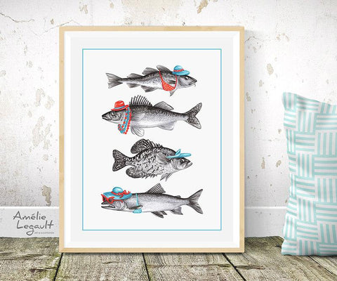 Dressed fish, Summer fish, fish art Print, fish drawing fish art work, canadian fish, amelie legault, made in canada, canadian artist