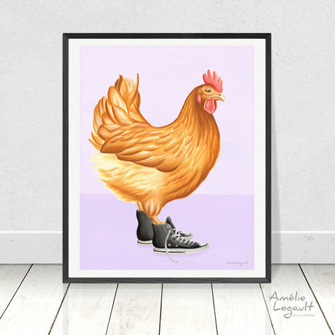 Chicken wearing sneaker shoes, art Print, gouache painting, home decor, amelie legault, hen illustration, shoes illustration, shoes print, shoes painting, chicken illustration, canadian artist, made in canada