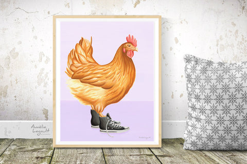 Poule en souliers, Affiche, illustration de poule, illustration, souliers, amélie legault, artiste québécoise, fait au québec,