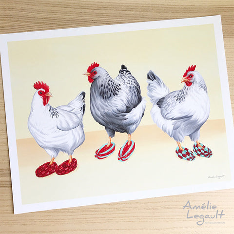 Poules en pantoufles en phentex, Affiche, Peinture à la gouache, amélie legault, fait à montréal, fait au québec, illustration de poule