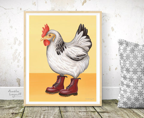 Poule en bottes, Affiche, gouache, illustration de poule, peinture de poule, illustration, peinture, amelie legault, artiste québécoise, fait au québec