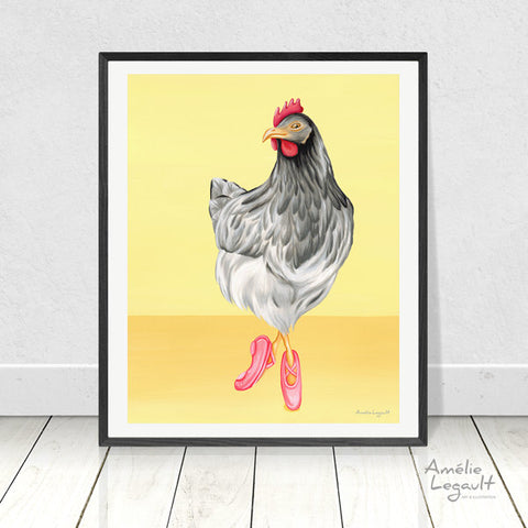 Ballerina illustration, ballerina print, ballet illustration, chicken illustration, Hen doing ballet, art Print, Gouache, gouache Painting, amelie legault, made in canada, canadian artist