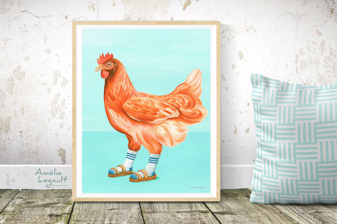 Poule en sandales avec des bas, Affiche, peinture, décoration, affiche de poule, peinture de poule, amélie legault, artiste québécoise, artiste montréalaise, fait au québec