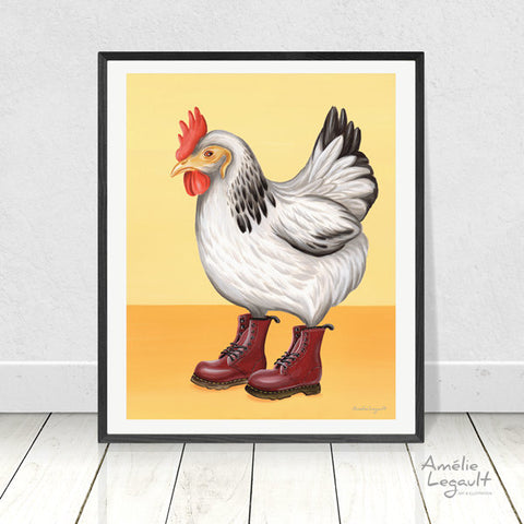 Hen illustration, chicken illustration, doc martens painting, doc martens illustration, Chickens wearing boots, art Print, Home decor, amelie legault, canadian artist, made in canada