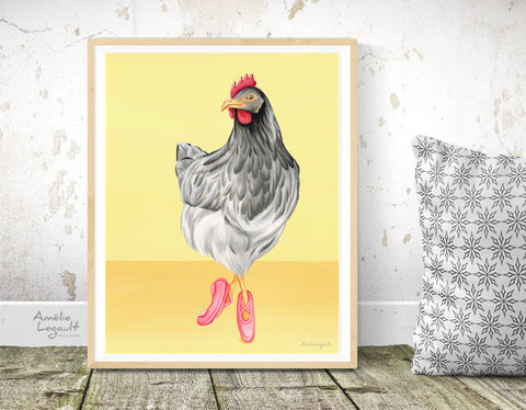 Poule, illustration de poule, ballerine, ballet, affiche, décoration, amélie legault, fait au québec, artiste québécoise 