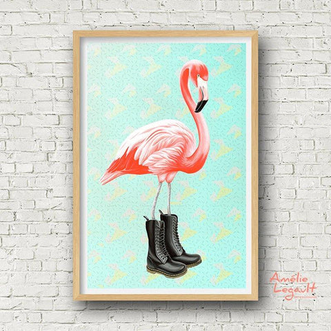 Pink Flamingo, boots, art print, home decor, flamingo art, flamingo love, flamingo decor, flamingo illustration, art, illustration, amelie legault