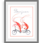 Affiche de crevettes en vélo tandem, amélie legault, dessin de crevette, illustration de crevette, affiche pour le cuisine, affiche bonjour