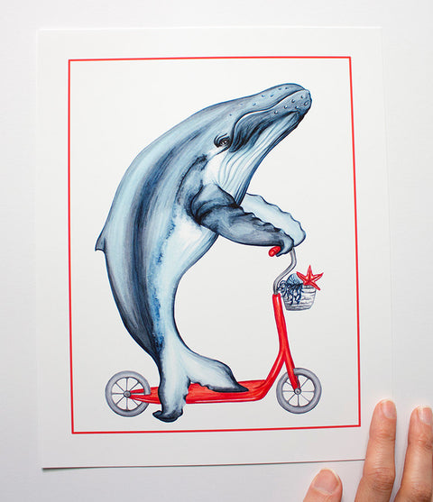 Whale on a scooter, under the sea, art Print, Home decor, sea theme print, sea them decor, kid's room decor, amélie legault