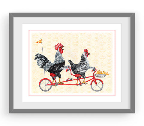 Rooster, hen and chicks on a tandem bicycle, art print, amélie legault