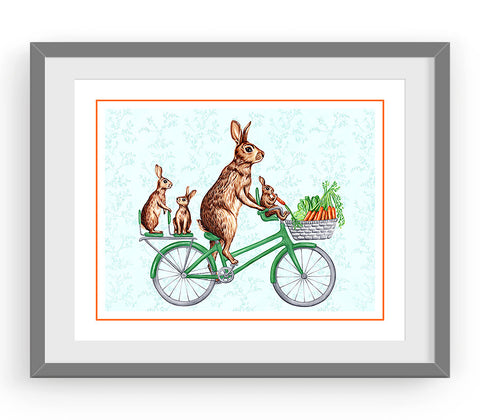 Bunnies on bike, art print, drawing rabbit, drawing bunnies, artwork, amélie legault