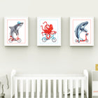 Set of 3 sea animals print, shark, octopus, whale, on bicycle, sea animals drawing, amélie legault, washroom decor