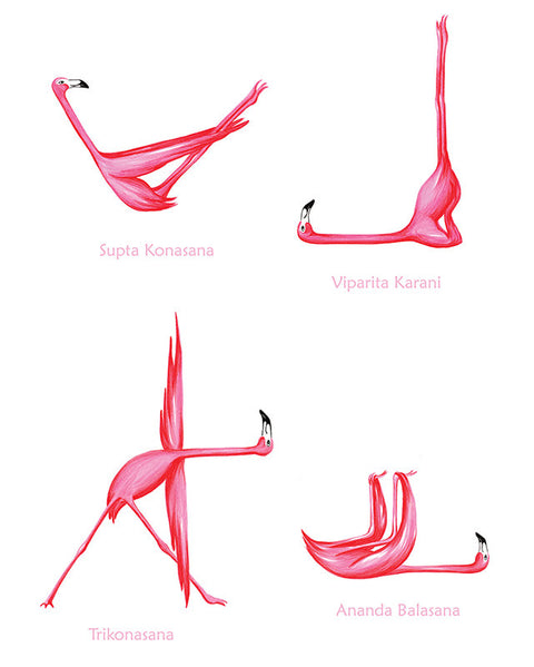 Flamingo yoga poster with 25 asanas