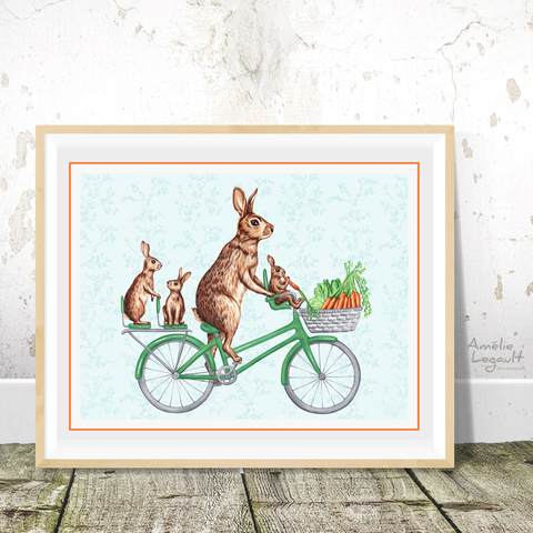 Rabbit family on a bike, art print, bunnies illustration, rabbit decoration, rabbit illustration, rabbit artwork, rabbit print, amelie legault, bicycle print, bicycle artwork