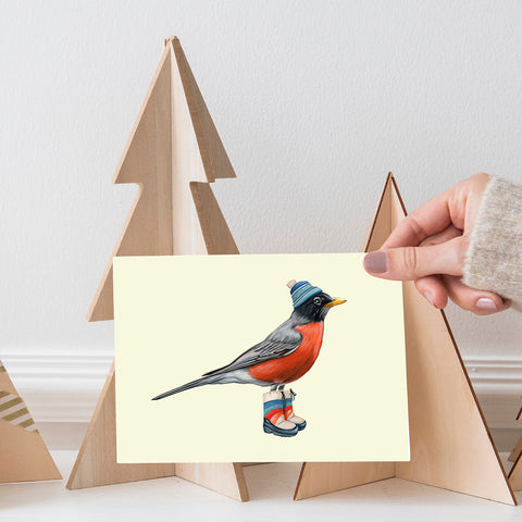 carte de souhaits d'oiseaux du Québec, carte de noël de Merle d'Amérique par l'artiste et illustratrice québécoise Amelie Legault, American Robin greeting card, canadian bird holiday card, bird Christmas card by Canadian Artist Amelie Legault 